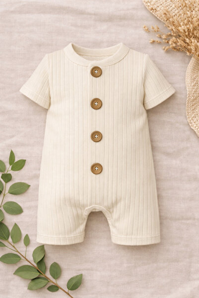Bubito Short Sleeve Wooden Button Cotton Summer Jumpsuit-Beige