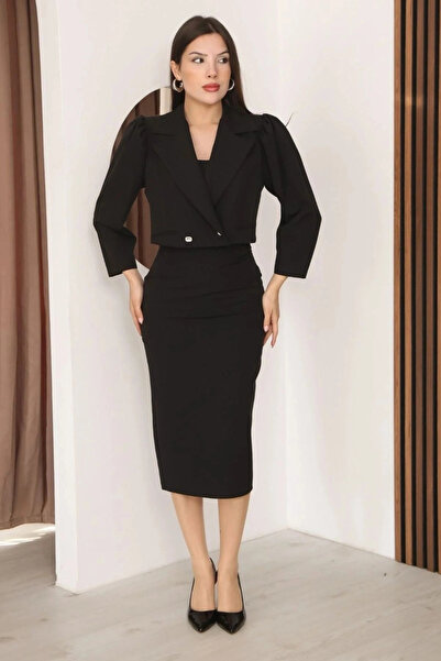 lodmela διπλό πέτο Σετ φορέματος με γιακά Κοντό και μπουφάν 2291-Μαύρο