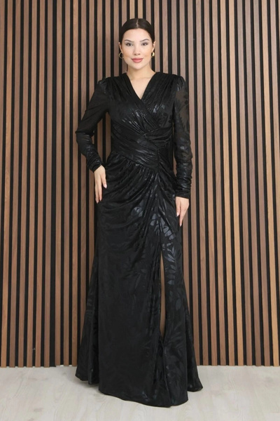 lodmela Kruvaze Yaka Bel Pileli Yırtmaçlı Abiye Elbise 2330-Siyah