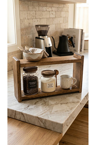 Nowella Home Çok Amaçlı Ahşap Masa Üstü Raf - Kahve İstasyonu Düzenleyici - M...