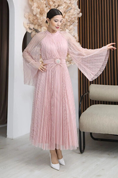 lodmela Pilise Detaylı Kemerli Rahat Form Tül Elbise 2305-Pudra