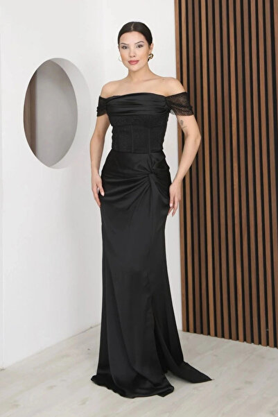 lodmela Straplez Yaka File ve Bel Detaylı Saten Abiye Elbise 2368-Siyah