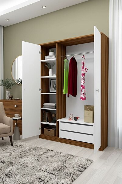 Bicabin Atlas Mira 2 Kapaklı Açık Raflı 2 Çekmeceli Gardırop -Atlantik Çam/Beyaz