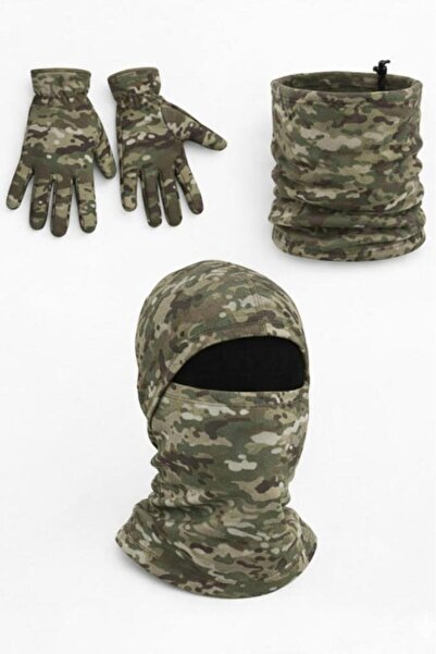 SINGLE SWORD Fleece Gloves, Neck Warmer, Beanie Set Khaki Standard