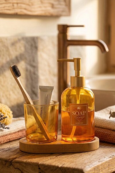 Rakle Vina Ahşap Standlı Banyo Seti Amber 420 cc