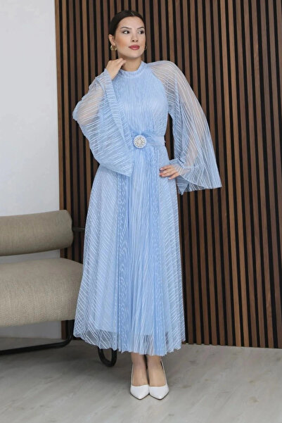 lodmela Pilise Detaylı Kemerli Rahat Form Tül Elbise 2305-Bebe Mavisi