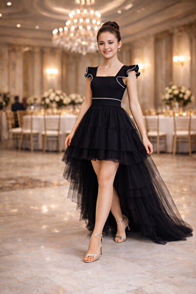 Erkut Kız Çocuk Siyah Renk Tül Etekli  Kuyruklu  Abiye Elbise