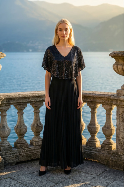 Romina Luna Payetli V Yaka Pliseli Uzun Abiye Elbise