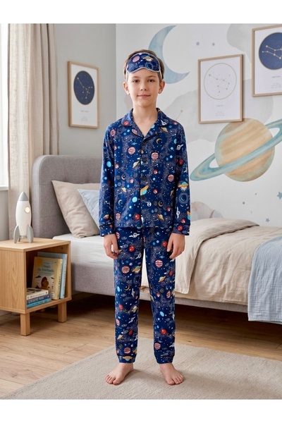 Enie Boys' 95% Cotton Space Pattern Long Sleeve Eye Patch Pajama Set