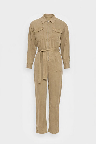 ozze butik Kadın Fermuarlı Kemerli Cep Detaylı Uzun Kollu Tulum Tensel kumaş