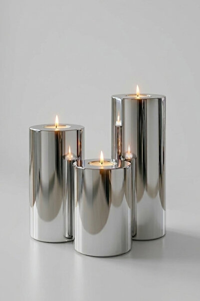 PRİME HOME 3 Lü Silver Krom Parlak Yüzey Mumluk Dekoratif  Tealight Set Mum A...