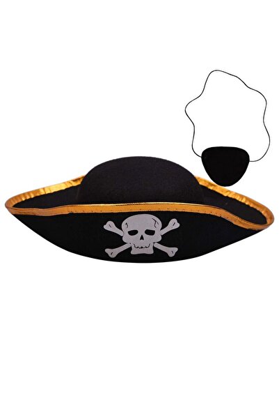 Pandoli Partidolu Altın Şerit Siyah Korsan Parti Şapkası ve Gözlüğü Çocuk Boy...
