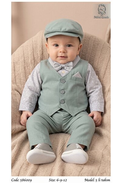 Baby shine طقم تركي ولادي فاخر من القطن والكتان الطبيعي - 6 قطع - الصديري الزيتي