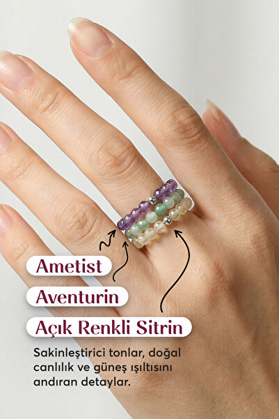 Taş Sandığı Natural Stone Elastic Ring Set – Amethyst, Aventurine, Light Citr...