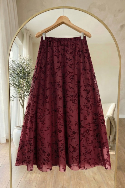 InStyle Φούστα μπορντό με φλοράλ τούλι με επένδυση
