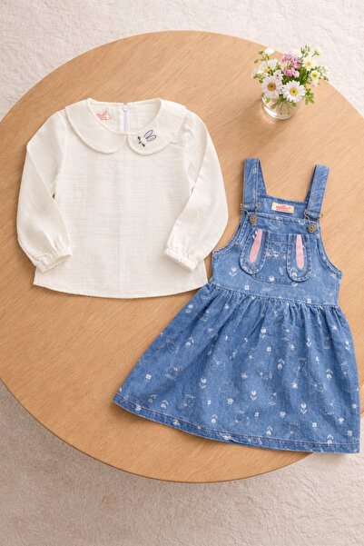 ECOL Girl's Rabbit Detailed Denim Salopet Dress and Blouse Set Daily & Holida...