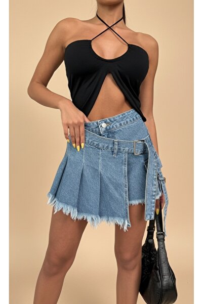 HerTon Püsküllü Yüksek Bel Kot Mini Şort – Kuşak Detaylı, Modern Tasarım