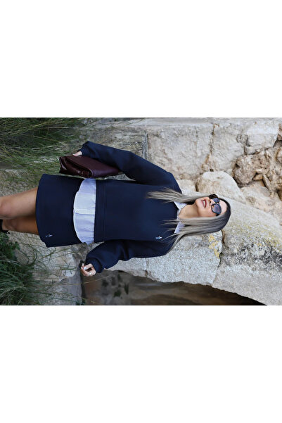 bytugcekaya Navy Blue Shirt Paneled Embroidered Sweatshirt Skirt Set