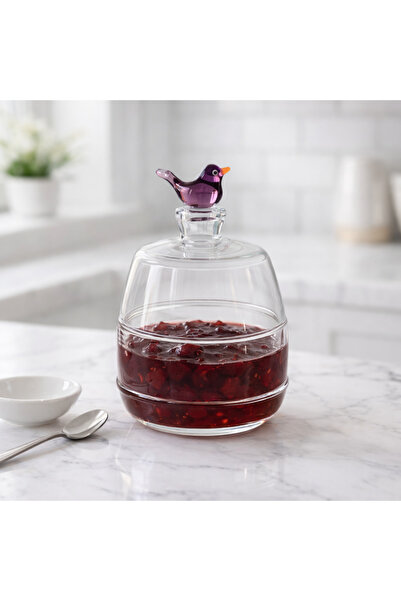 ADAMODART Handmade Glass Jam Jar & Sugar Bowl with Purple Bird Figure and Lid