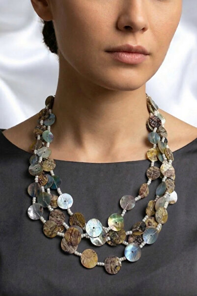 PETEK AKSESUAR DÜĞME SEDEF DOĞALTAŞLI ÇOKLU BONCUK KOLYE