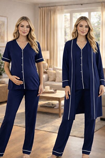 Lohussa Yeni Sezon Lacivert Yazlık Biyeli Full Düğmeli Kısa Kol Hamile Lohusa...