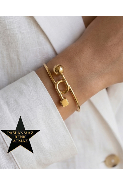 stainless steell سوار من الفولاذ الذهبي على شكل كرة ومكعب