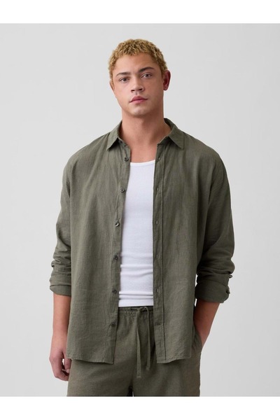 GAP Keten Karışımı Standart Fit Gömlek 887952 Erkek Gömlek YEŞİL