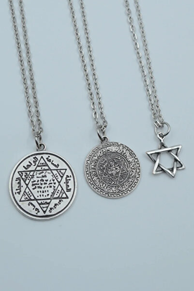 ıdr 3'lü Hz. Süleyman Mührü Davut Yıldızı Gümüş Kaplama Kolye Seti