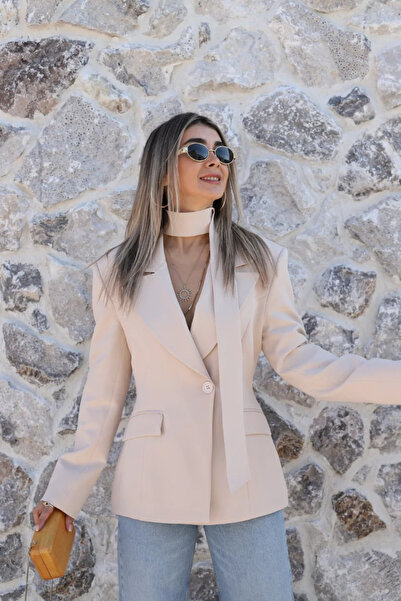 bytugcekaya Beige Scarf-Trimmed Single-Button Blazer Jacket