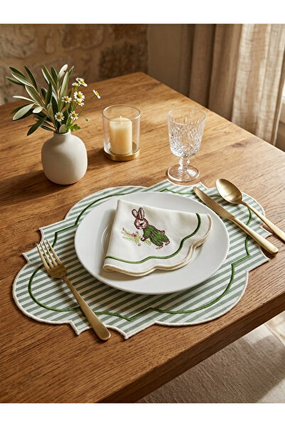 LİONYA DESİGN 4 Parça 2 Kişilik Tavşan Nakışlı Sofra Seti (2 Amerikan Servisi...