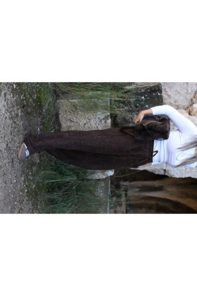 bytugcekaya Pantaloni din catifea maro cu talie elastică