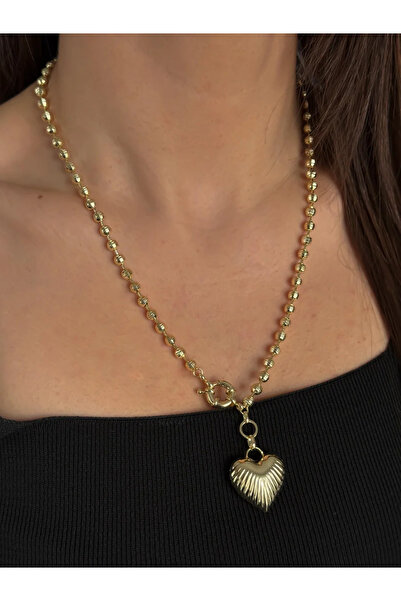 Luseda VIP Kaplama Boncuk Zincirli Kalp Uçlu 55CM Kadın Kolye