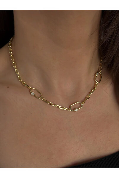 Luseda VIP Gold Dikdörtgen Halka Detaylı Kadın Kolye 40+5 cm Ayarlanabilir Pr...