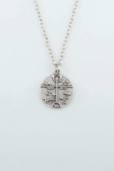 ıdr Kam - Şaman Davulu Gümüş Kaplama Düz Zincir Kolye