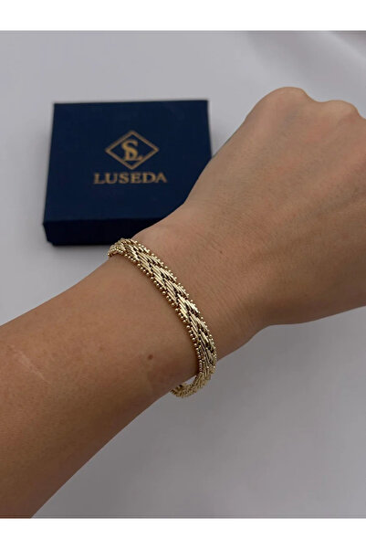 Luseda VIP Gold Renk Üç Sıralı Örgü Dokulu 19 CM Bileklik