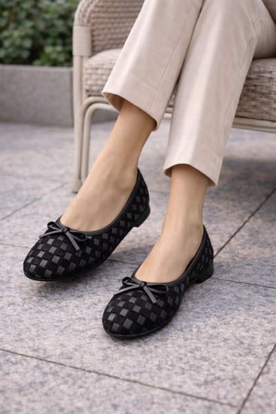 Noliva Women's Black Suede and Faux Leather Mix Textured Knitted Patterned Bowknot Ballerinas