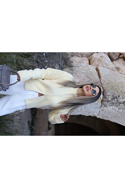 bytugcekaya Yellow Standard Size Zippered Furry Cardigan