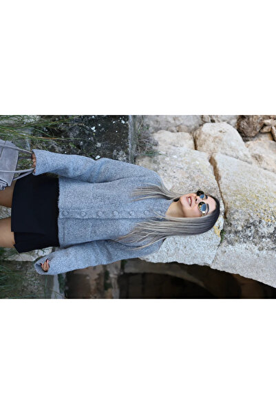 bytugcekaya Gray Standard Size Stand Collar Buttoned Cardigan