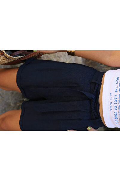 bytugcekaya Lacivert Kuşaklı Keten Şort