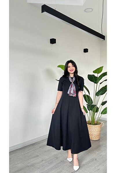 modadagiyim Rochie neagră de damă, mărime maxi cloș cu volane cu eșarfă, cu m...