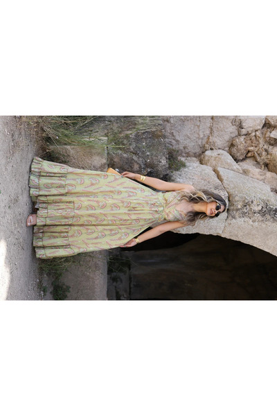 bytugcekaya Yağ Yeşili Askılı İpek Saten Eteği Volanlı Elbise