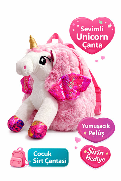 duru cnc print Unicorn Peluş Sırt Çantası – Pembe Simli Kanatlı, Fermuarlı