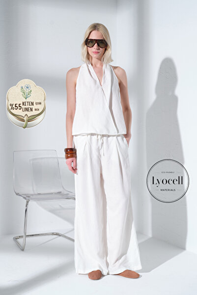 Maule Λινό Lyocell Ελαστικό Παντελόνι με Φαρδιά Μπατζάκια Palazzo Άνετη Εφαρμ...