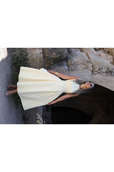 bytugcekaya Rochie galbenă cu decolteu cu centură evazată