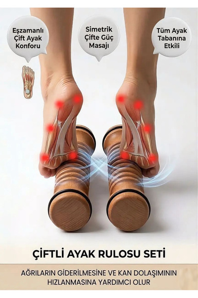 AHER %100 Doğal Ahşap Ayak Masaj Aleti 2'li set - Refleksoloji Roller Taban M...