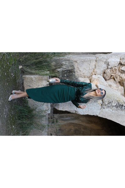 bytugcekaya Rochie verde smarald cu paiete cu două rânduri de nasturi