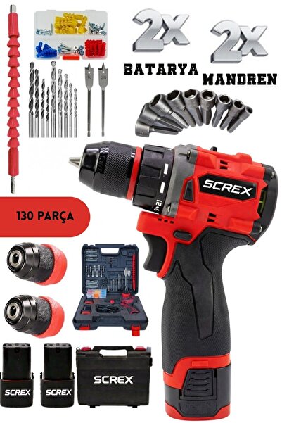 SCREX KÖMÜRSÜZ 130 PARÇA ÇELİK MANDREN DARBELİ ARMUT BATARYA MATKAP+ÇELİK MAN...