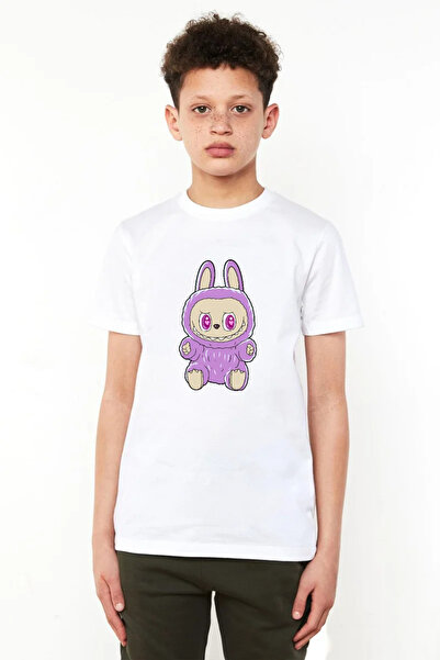 Tshirthane Labubu Purple Monster White Children's Bicycle T-Shirt