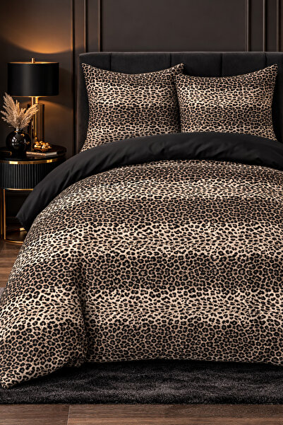 MORE HOME طقم غطاء لحاف مفرد من القماش المطاطي بنمط الفهد باللون الأسود