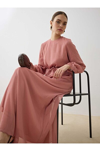 Refka Rochie Tesettür din țesătură șifon cu detaliu pliat în talie - Roz închis